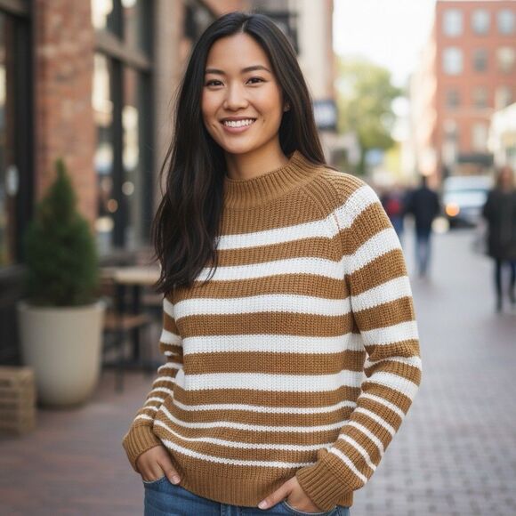 Style & Co. Sweater Women XXL Tan White Striped Mock Neck Modest Academia Preppy - Picture 1 of 16